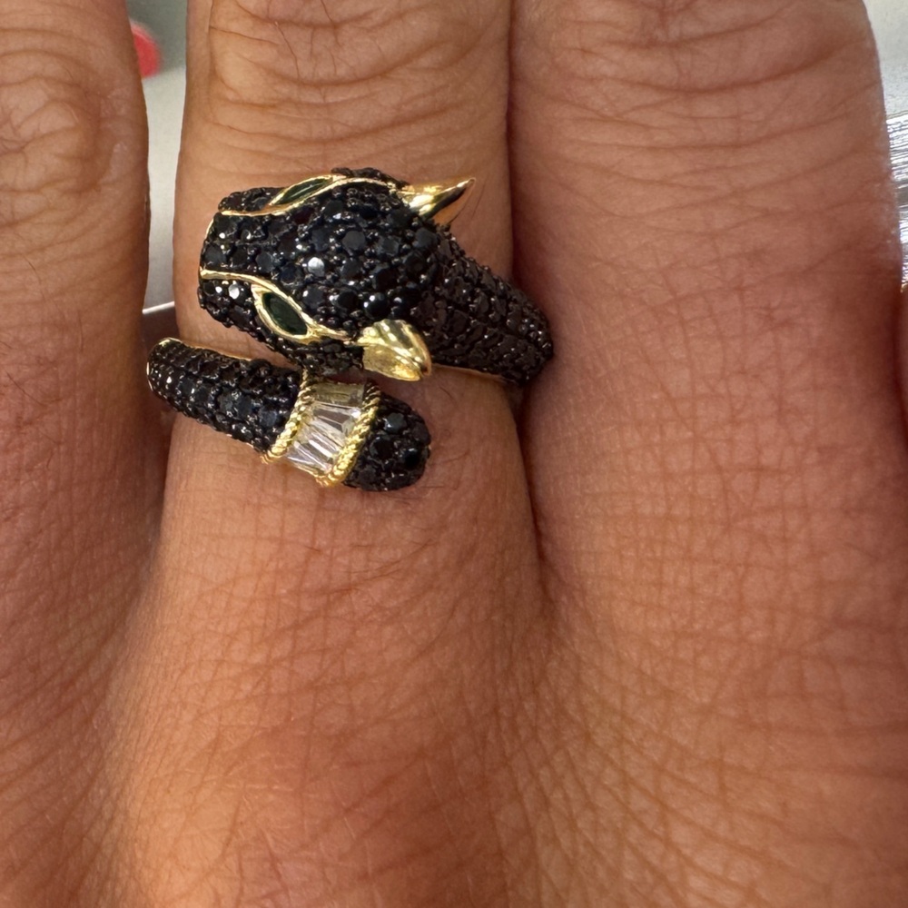 Rachel Zoe black panther Onyx & CZ 18K gold plated silver 925 wrap-around ring - Picture 2 of 11